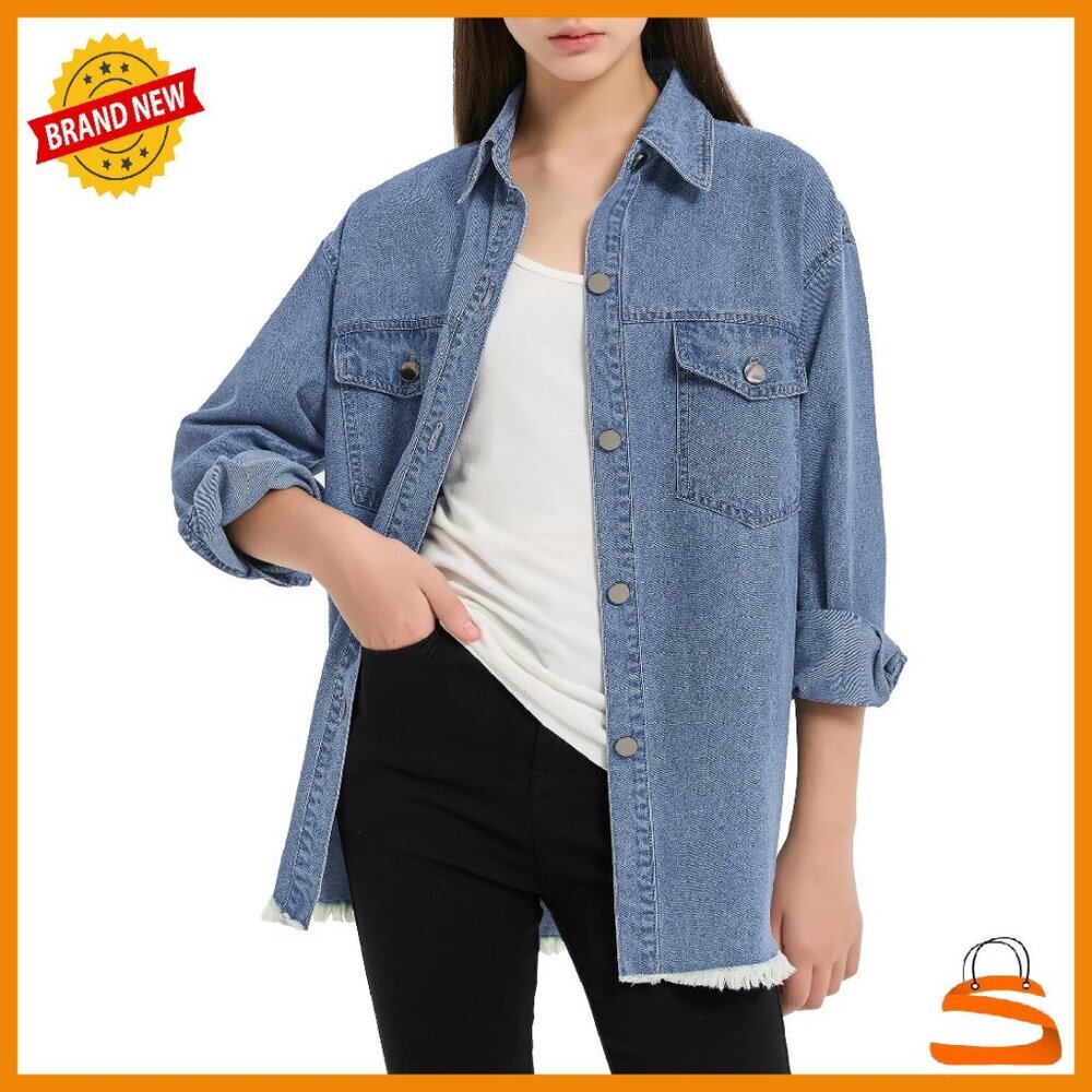 Girls Denim Jacket Oversized Lightweight Button Front Frayed Hem